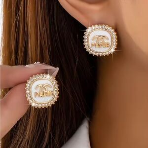 14KGP Clear crystals Paris Logo Statement Earrings